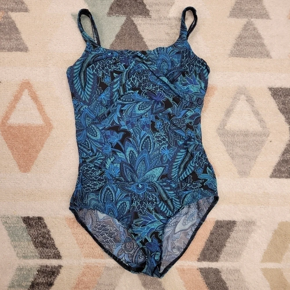 Lands End Womens Blue Paisley Slender Tummy Control One Piece Swim Suit 14 - Picture 1 of 9